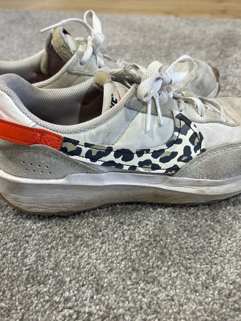 Nike Woman’s Sneakers with Leopard Swoosh and Orange Heel Size 9.5